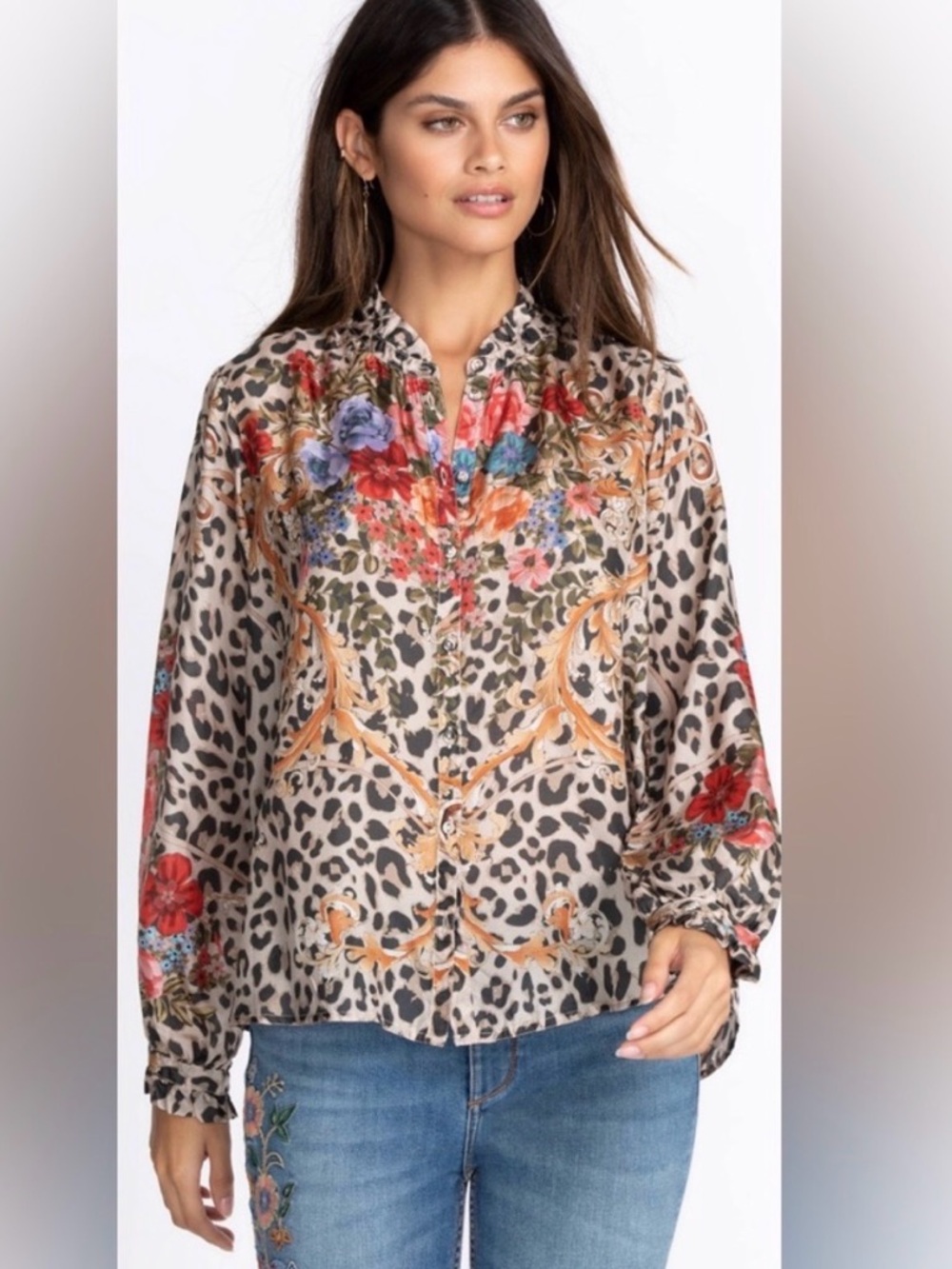 JOHNNY WAS SILK CHEETAH AMABEL BLOUSE size XS